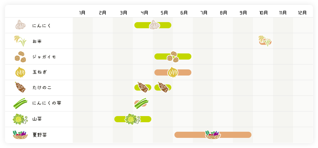 にんにく:4~5月 お米:10月中旬 ジャガイモ:5月末~6月中旬 玉ねぎ:5月末~6月上旬 たけのこ:4月モウソウ(孟宗)・5月ハチク(淡竹) にんにくの芽: 山菜:3~4月 夏野菜:6~9月
